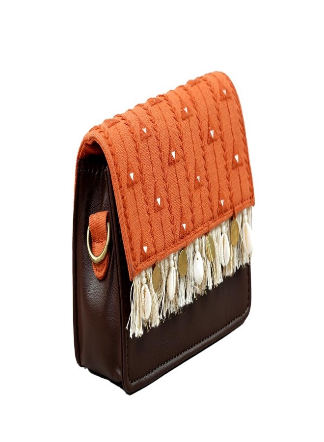 BHASTRA Boho Affair Sling and Waist Bag - Orange| Handloom Woven Cotton and Vegan Leather | 2 Belt and West Bag Fit Upto 42 inches and Detachable Sling Chain - Ideal For Gifting - Image 4